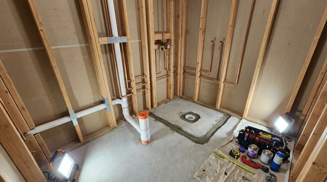 Bathroom rough-in plumbing during remodel by Johns Plumbing LLC in Redkey