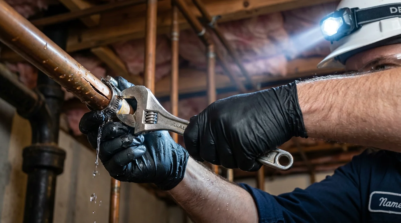 Emergency pipe clamp repair being performed by a Johns Plumbing LLC plumber in Redkey