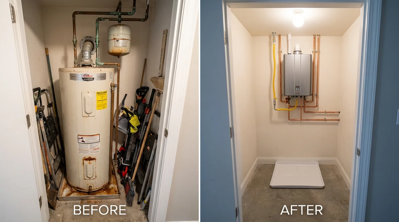 Tank water heater versus wall-mounted tankless unit comparison for Redkey, IN homeowners