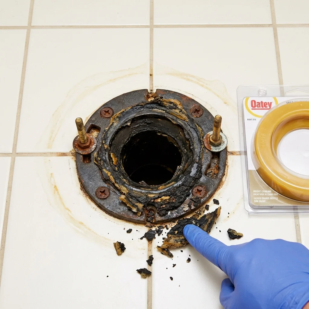 Failed wax ring showing water seepage at the base of a toilet in a Redkey, IN home