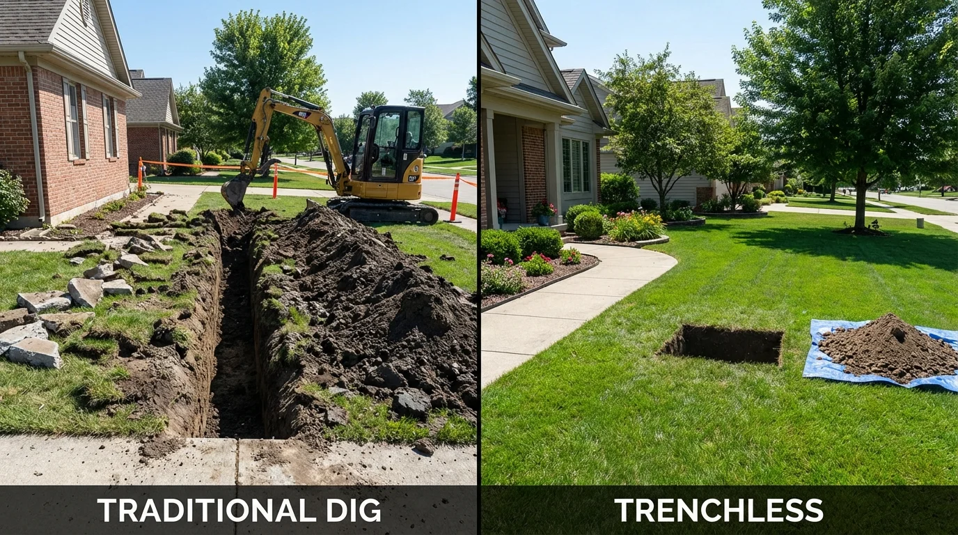 Trenchless sewer repair with minimal yard damage versus traditional excavation in Redkey, IN