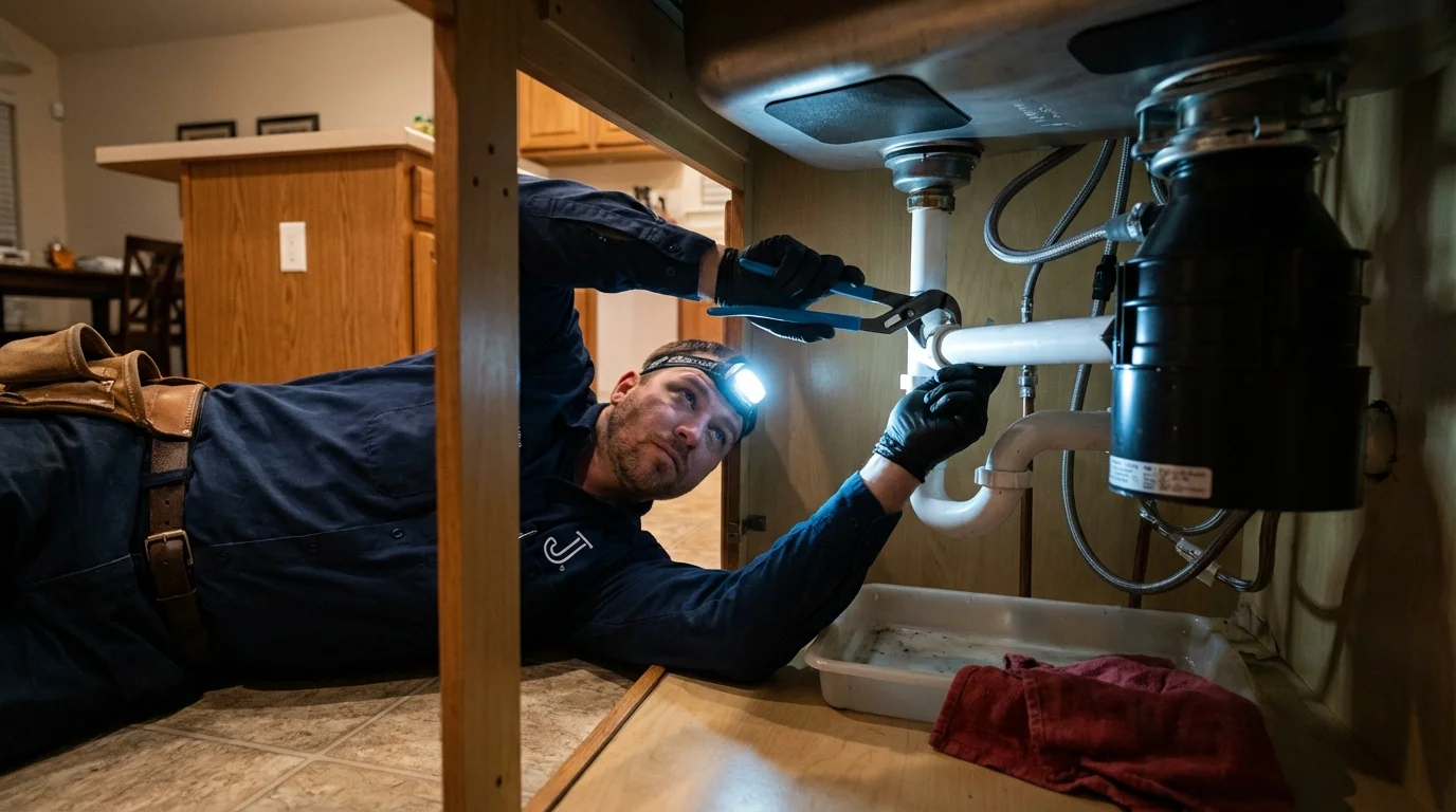 P-trap and supply line connections under a kitchen sink showing a common leak point in Redkey, IN